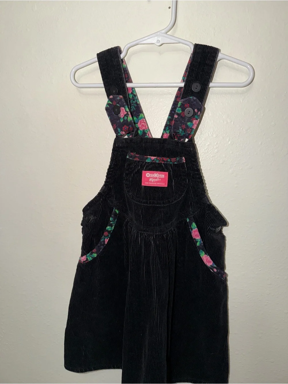 Oshkosh vintage overall dress black and floral pink corduroy 5T